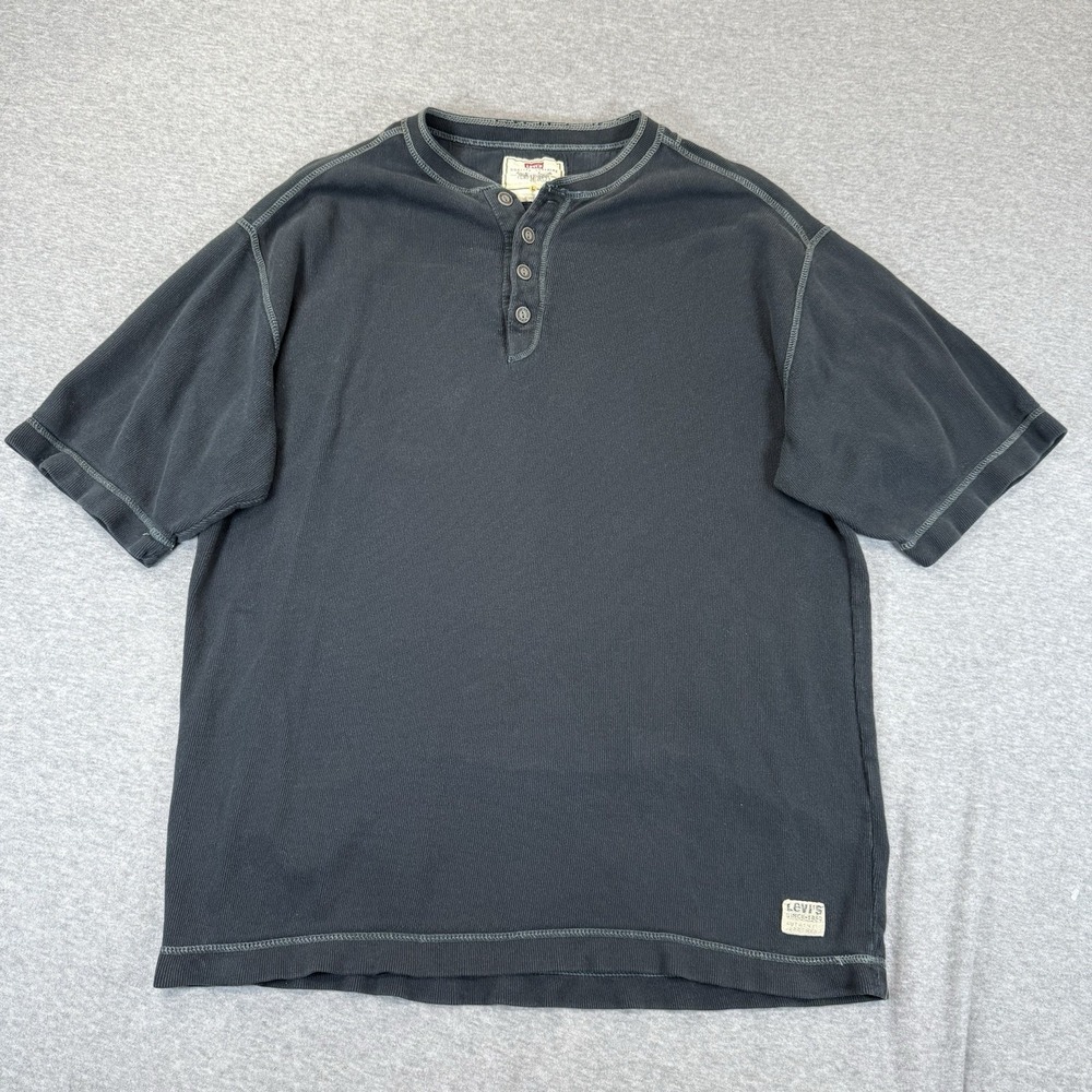 Mens Levis Short Sleeve Henley Shirt Knit Ribbed Large Black 90s Relaxed Fit